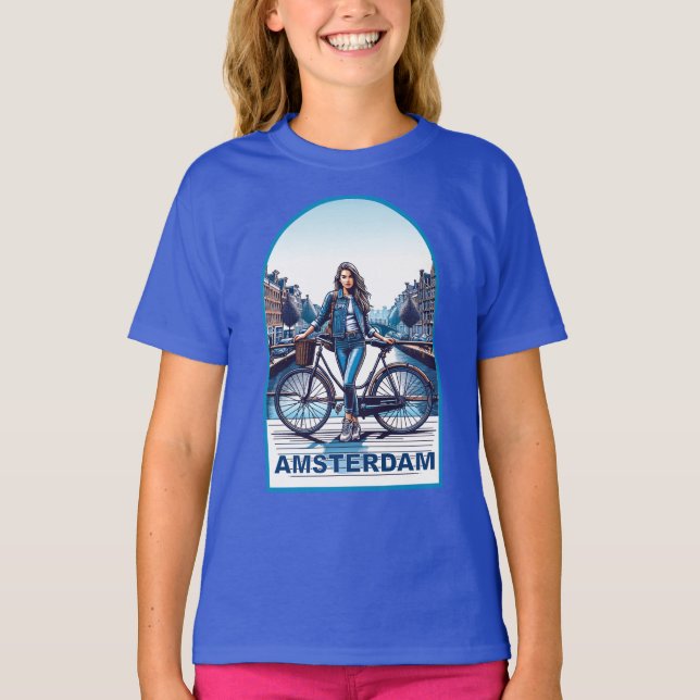 Amsterdamflicka med cykel på bro t shirt (Framsida)