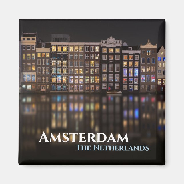 Amsterdamhus med färgad ljus på natten magnet (Framsidan)