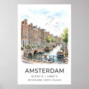 Amsterdamkanal Konsttryck Akvarell Hus och Poster