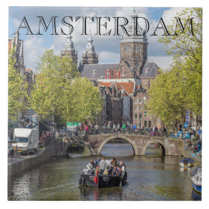 Amsterdamkanal och brygga keramik kakelplatta