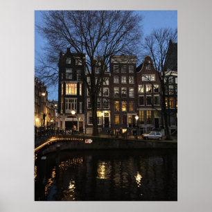 Amsterdamkanalen Kvällsfoto för nattfoto Poster