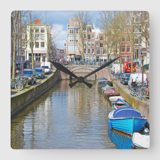 Amsterdamkanalen med båtar fyrkantig klocka (Framsida)