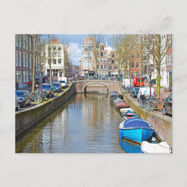 Amsterdamkanalen med båtar vykort (Framsida)