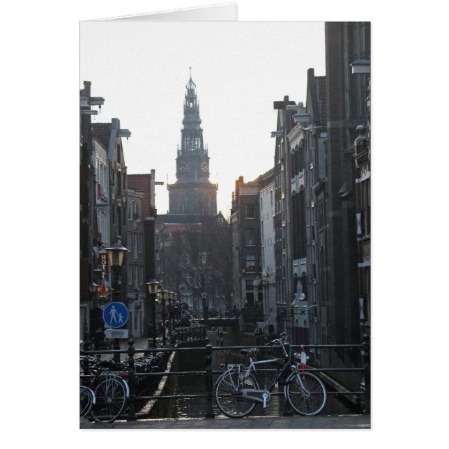 Amsterdamkanalen med bikes och gammalkyrkkort hälsningskort (Framsidan)