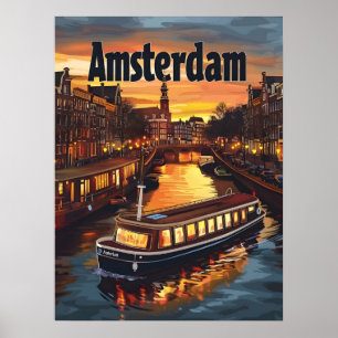 Amsterdamkanalen: Sunset and City ljus Poster