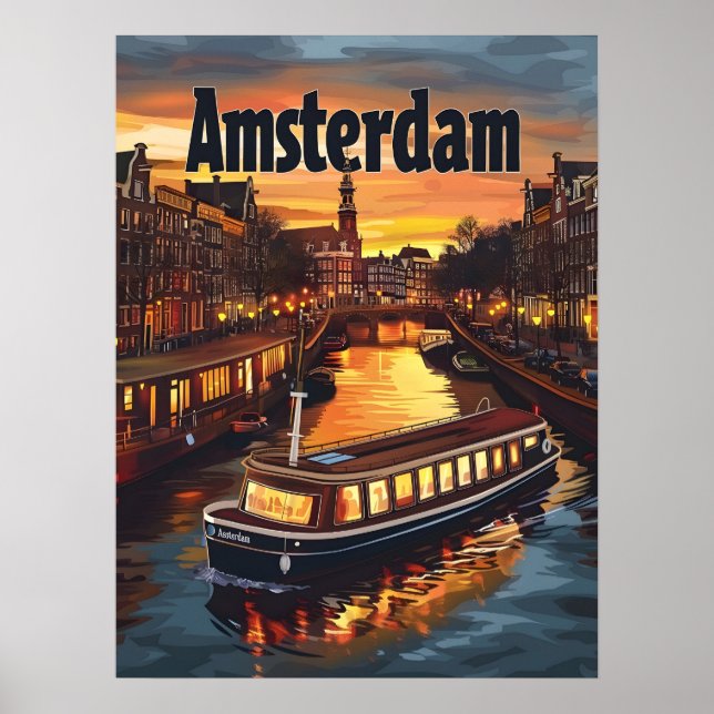 Amsterdamkanalen: Sunset and City ljus Poster (Framsidan)