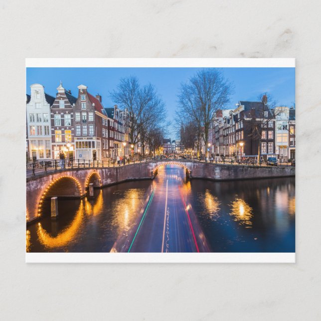 Amsterdamkanalerna på natten vykort (Framsida)