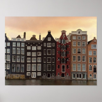 Amsterdamkanalhus vid solnedgång poster