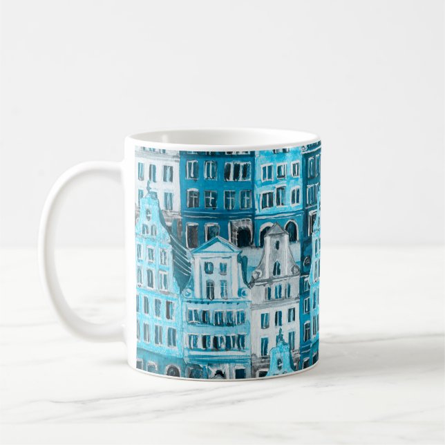 Amsterdams arkitektur, blå vattenfärg struktur. kaffemugg (Vänster)