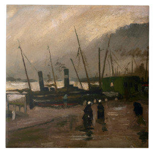 Amsterdams fiskarhamn i storm av Vincent Gogh Kakelplatta