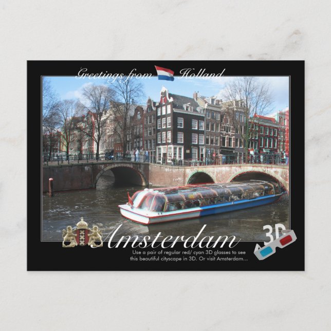 Amsterdams Holland 3D Anaglyph Postcard Vykort (Framsida)