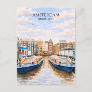 Amsterdams Kanalbåtar Akvarell Landskap Helg Vykort