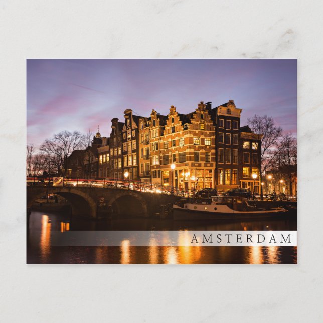 Amsterdams kanalhus i skymningen pub vykort (Framsida)