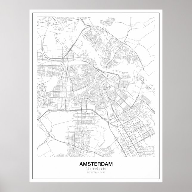 Amsterdams minimalistiska Karta Poster (stil 2) (Framsidan)