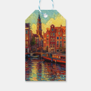 Amsterdams solnedgångsglöd Konstnärlig holländsk Presentetikett