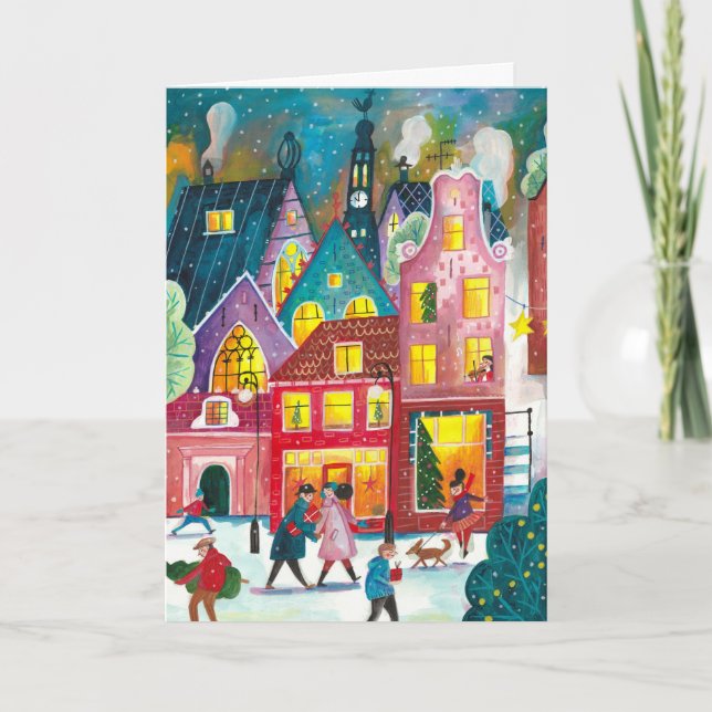 Amsterdams stad i snö illustration Jul Helgkort (Framsida)