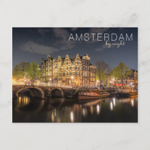 Amsterdams Stadsljus Reflektion Natt Foto Vykort
