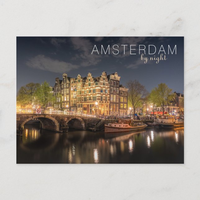 Amsterdams Stadsljus Reflektion Natt Foto Vykort (Framsida)