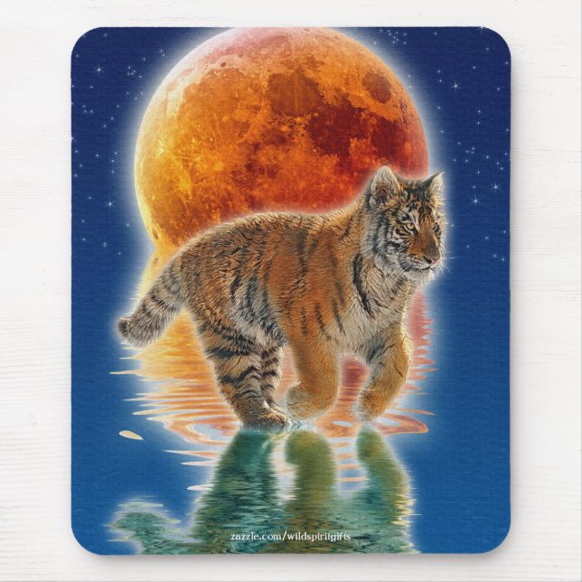 Amur Tiger Unge & Måne Fantasy Wildlife Mousepad Musmatta (Framsidan)