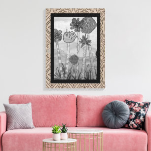 Amusing Flowers and Stems Black-White Canvastryck