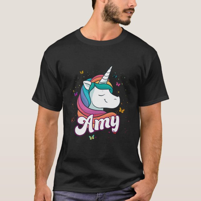 Amy - Namn med vackra Unicorn T Shirt (Framsida)
