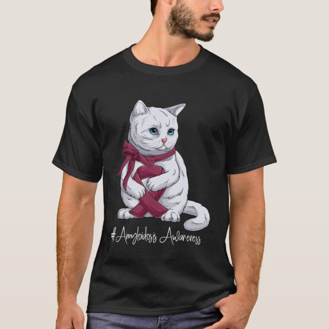 Amyloidosis Awareness Month Burgundy Ribbon Cat T Shirt (Framsida)