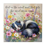 An Adorable Skunk Napping in Flowers and Quote Kakelplatta<br><div class="desc">A sweet tile featuring an adorable sleepy skunk napping in a bed of pink and yellow flowers.  A quote that says,  ""Rest is the silent reset that lets the mind bloom again."</div>