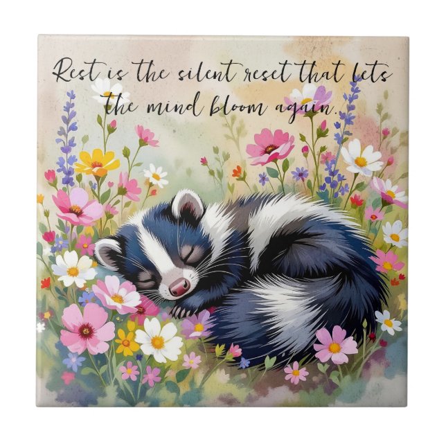 An Adorable Skunk Napping in Flowers and Quote Kakelplatta (Framsidan)