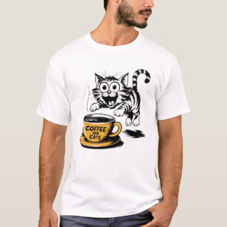 An artistic drawing of a cute cat with a cup of co t shirt