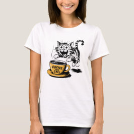 An artistic drawing of a cute cat with a cup of co t shirt