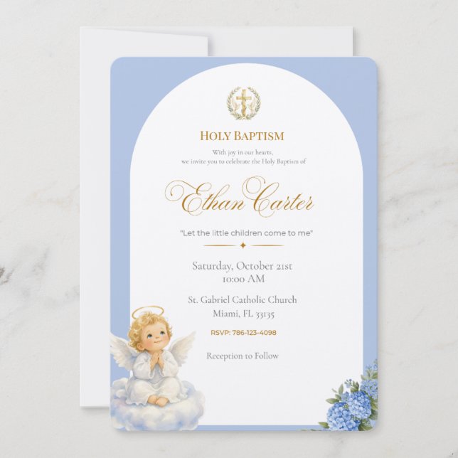 An Elegant Blue & Gold Baptism invitation  Inbjudningar (Framsida)