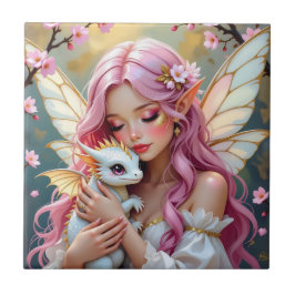 An Elegant Fairy and her Baby Dragon Personalized Kakelplatta