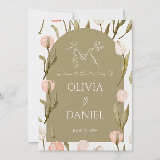 An elegant wedding invitation in olive green    (Framsida)