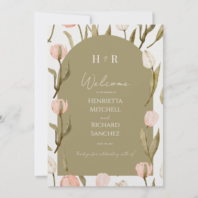 An elegant wedding invitation in olive green (Framsida)