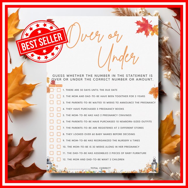 ÄN ELLER UNDER Babyskor Gammade en liten pipa Inbjudningar (OVER OR UNDER Baby Shower Game with Answers A Little Pumpkin is on the Way Theme )