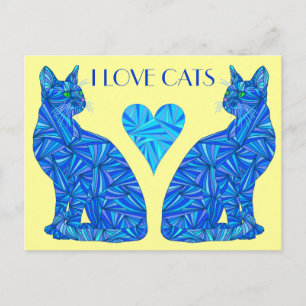 An I Kärlek Cats Blue Abstrakt Sitta Cat Postcard Vykort