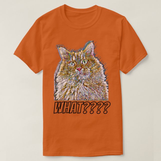 An image of a cat with a surprised look in a mosai t shirt (Design framsida)