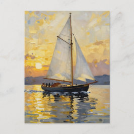 An Impasto Illustration of a Sailboat at Sunset Vykort