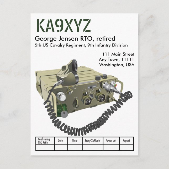 AN/PRC-77 militär portable Transceiver QSL Postca Vykort (Framsida)