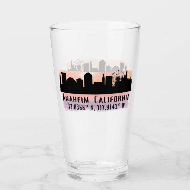 Anaheim Skyline Latitude och Longitud Pint Glass Glaskopp (Framsida)
