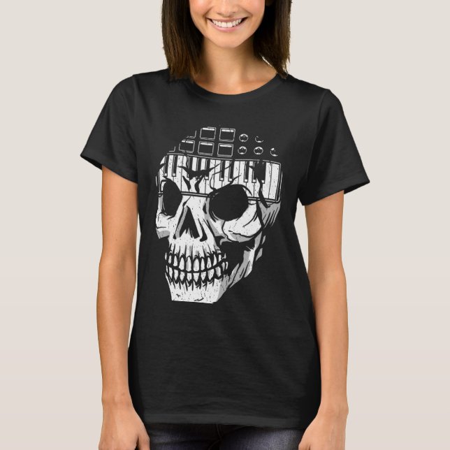 Analog modulär synthesizer Skull Music Synth Nerd T Shirt (Framsida)