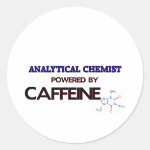 Analytisk kemist som drivas av koffein runt klistermärke