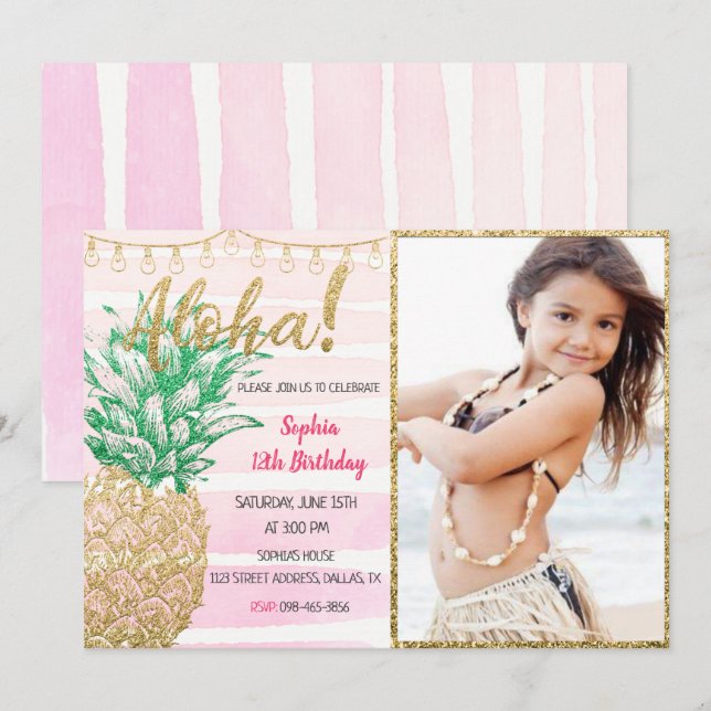 Ananas Aloha Birthday-inbjudan med foto Inbjudningar (Fram/baksida)