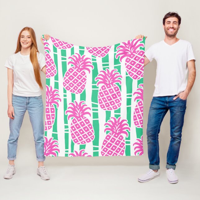 Ananas Bamboo Rand Rosa och Grönt Mönster Fleecefilt (På plats)