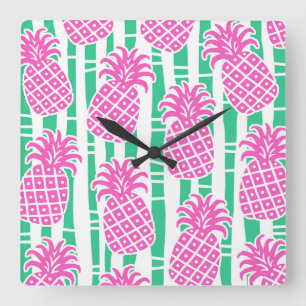 Ananas Bamboo Rand Rosa och Grönt Mönster Fyrkantig Klocka