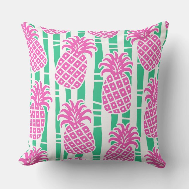 Ananas Bamboo Rand Rosa och Grönt Mönster Kudde (Framsida)