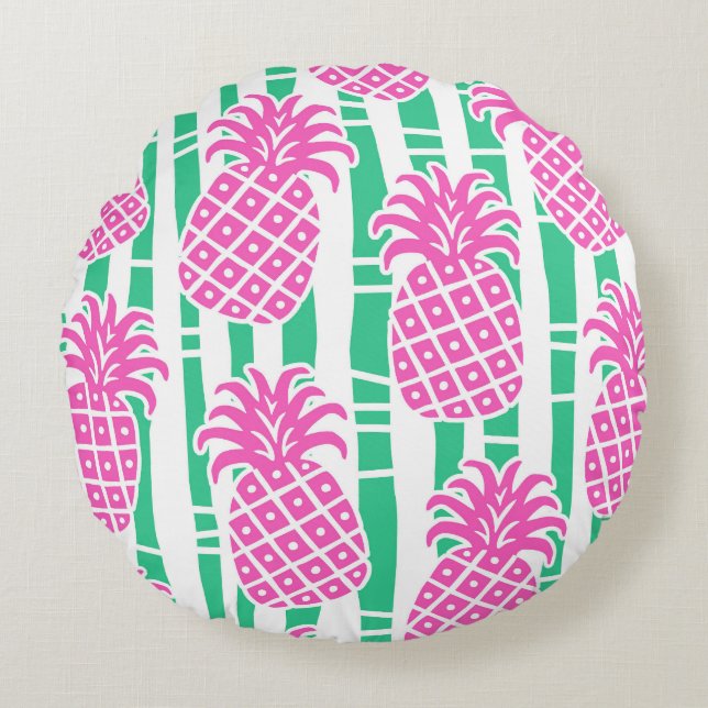 Ananas Bamboo Rand Rosa och Grönt Mönster Rund Kudde (Framsidan)