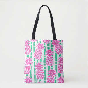 Ananas Bamboo Rand Rosa och Grönt Mönster Tygkasse
