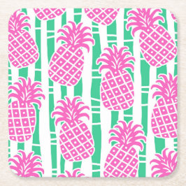Ananas Bamboo Rand Rosa och Grönt Mönster Underlägg Papper Kvadrat