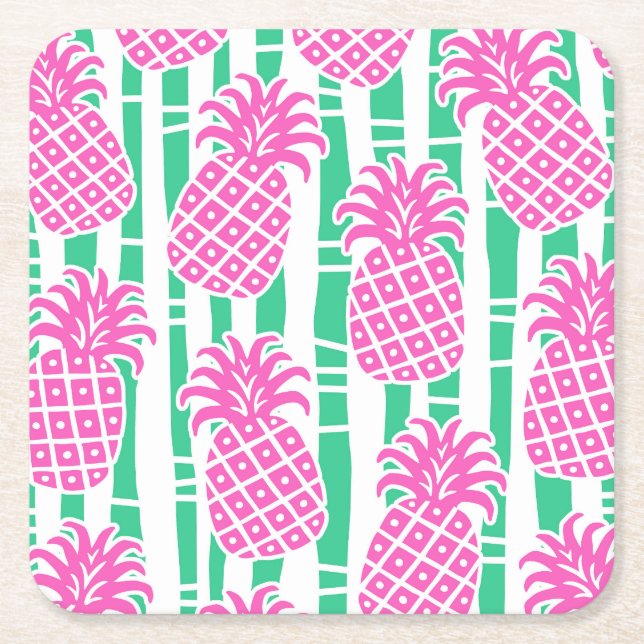 Ananas Bamboo Rand Rosa och Grönt Mönster Underlägg Papper Kvadrat (Framsidan)